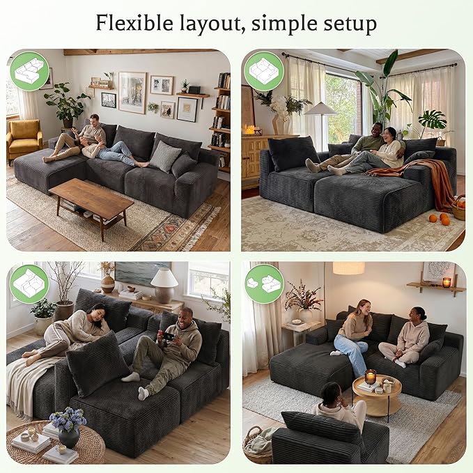 Homkdom Boneless Modular Sectional Couch, Cloud Couch L-Shaped Sofa with 61.5" Deep Seat & Left Facing Chaise – Deep Grey, 6 Configurations for Small Space Apartment, No Assembly