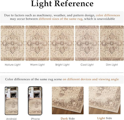 PureCozy Brown 6x9 Area Rug Washable Vintage Living Room Carpet Non Slip Retro Distressed Low Pile Soft Oriental Medallion Thin Large Throw Rug for Office Bedroom Dining Room Playroom