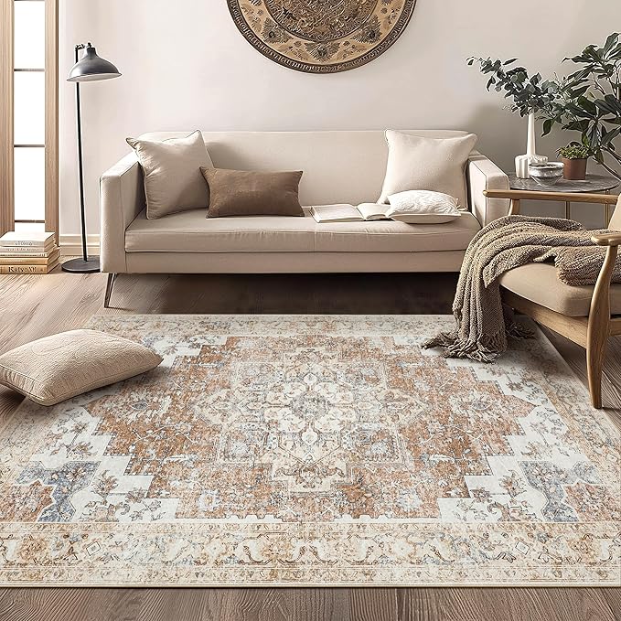 GENIMO 6x9 Area Rugs for Living Room, Machine Washable Non Slip Rugs, Low Pile Lightweight Vintage Print Rug for Bedroom, Dining Room, Home Office, Orange&Beige