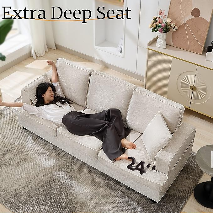 Couches for Living Room, Couch Sofa with Cloud Comfy Deep-Seat, 3 Seater Modern Chenile Sofas for Living Room Bedroom Office Apartment, Beige