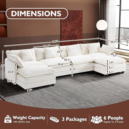 Ihanherry 146" U-Shaped Modern Sofa Modular Sectional Cloud Couch with 2 Ottoman, 6-Seat Chenille Deep Seat Sofa with 6 Pillows for Living Room, Bedroom and Apartment, Beige