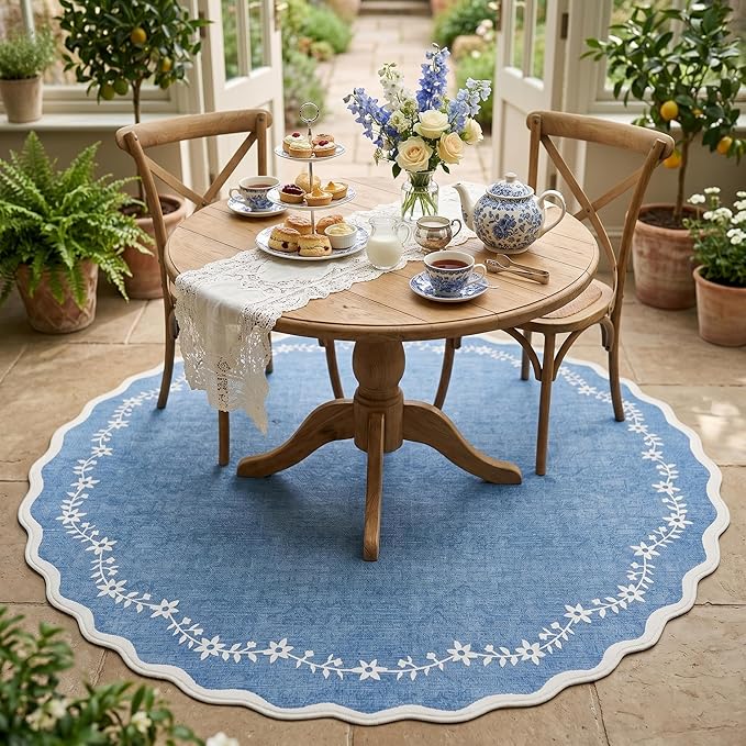 GarveeHome Round Area Rugs 4ft for Kids Room, Solid Navy Scalloped Washable Circle Rug Soft Non Slip Floral Print Floor Mat Carpet Indoor Thin Tent Rug for Bedroom Dining Room Playroom Nursery