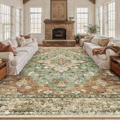RELEANY Area Rugs 10'x12' Washable Non-Slip, Floral Vintage Distress Print Pattern Medallion Carpet for Living Room Bedroom Dining Room, Brick Red Rust Neutral Brown Burnt Orange Green