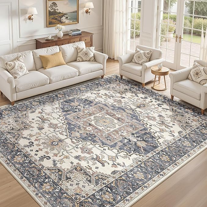 9x12 Washable Area Rugs for Living Room: Non Slip Vintage Beige Blue Rug, Large Soft Stain Resistant Indoor Floor Carpets for Bedroom Dining Room Nursery Home Office Kid & Pet Friendly