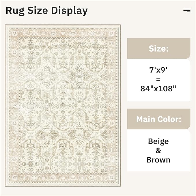 Soalmost 7x9 Area Rug for Living Room Washable Abstract Vintage Soft Thin Indoor Floor Non-Slip Carpet for Bedroom Dining Room Beige/Brown