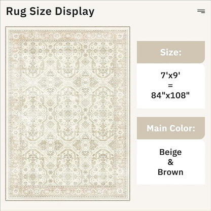 Soalmost 7x9 Area Rug for Living Room Washable Abstract Vintage Soft Thin Indoor Floor Non-Slip Carpet for Bedroom Dining Room Beige/Brown