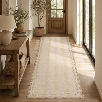 GarveeHome 2.6x10 Scalloped Washable Runner Rug for Kitchen, Soft Jute Long Hallway Runner Non Slip Entryway Rug Farmhouse Thin Laundry Mat Stain Resistant Carpet for Bathroom Beside Rug