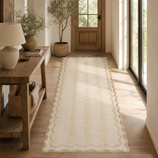 GarveeHome 2.6x10 Scalloped Washable Runner Rug for Kitchen, Soft Jute Long Hallway Runner Non Slip Entryway Rug Farmhouse Thin Laundry Mat Stain Resistant Carpet for Bathroom Beside Rug