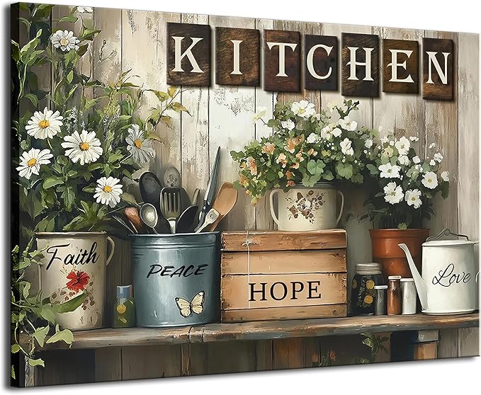 Rustic Kitchen Canvas Wall Art Inspirational Kitchen Painting Picture Decor Country Still Life Floral Poster Print Artwork for Restaurant Home Decoration