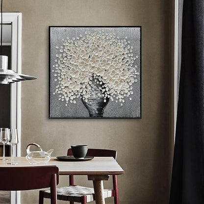 24x24 Inch 100% Hand-Painted White Flowers 3D Abstract Decorative Oil Painting, Hall Wall Decorative Frame Wall Art Ready to Hang