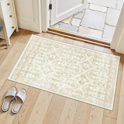 Soalmost 2x3 Washable Rugs for Kitchen, Floor, Entryway, Powder Room Small Area Rug Non-Slip Vintage Low Pile Throw Door Mat Beige/Brown