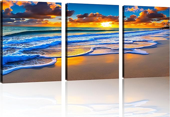 TutuBeer 3 Pcs Wall Decor Beach Ocean Pictures Sunrise over the Beach Pictures Print on Canvas Pictures of the Beach Pictures Wall Art Beach Paintings Ocean Wall Art Stretched and Framed 12" x 24" x 3