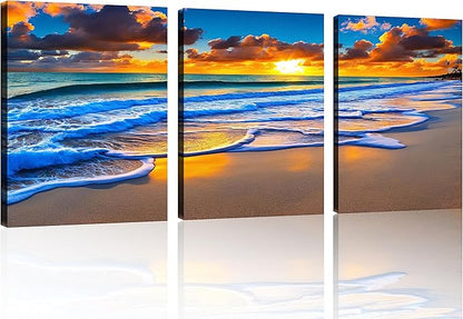 TutuBeer 3 Pcs Wall Decor Beach Ocean Pictures Sunrise over the Beach Pictures Print on Canvas Seascape Canvas Coastal Wall Art Ocean Wall Art Stretched and Framed 12" x 16" x 3