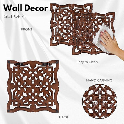 Woodify Hand-Carved Wooden Wall Décor – Set of 4, 12" x 12" Decorative Wood Panels, Floral Design, Natural Burnt Finish, Wall Art for Living Room & Home Décor