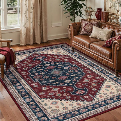 Tangsoo Boho 4x6 Rug for Living Room,Washable Indoor Area Rug,Non-Slip Low Pile Carpet Soft Vintage Decor Mat for Front Porch Dining Room Patio Bedroom Office,Deep Red