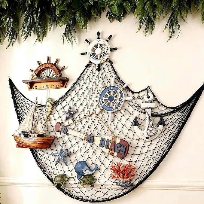 Decorative Fishing Net 2 Pack, 5x10 ft Large Black Fish Net Decor for Wall, Photo Display, Nautical Mermaid Pirate Ocean Themed Beach Hawaii Under the Sea Party Decorations