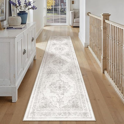 PureCozy Runner Rug 3x10 Washable Light Gray Hallway Runner Vintage Boho Medallion Non Slip Grey Distressed Retro Carpet Indoor Low Pile Long Soft Rug for Kitchen Entryway Bedroom Bathroom Laundry