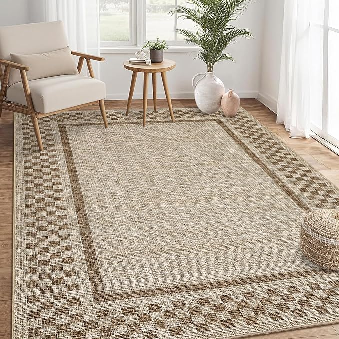 GarveeHome Area Rug 9x12 Living Room Rug Modern Bordered Soft Large Area Rugs for Bedroom Washable Checkered Dining Room Throw Carpet Non Slip Stain Resistant Geometric Rugs for Home Office, Taupe