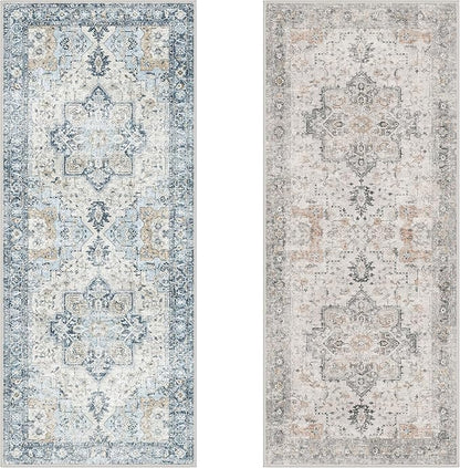GENIMO 2.5x6 Reversible Runner Rugs for Hallway, Machine Washable Non Slip Vintage Rugs with Pad, Low Pile Lightweight Soft Print Rug for enrtyway, Corridor, Home, Office, Kitchen, Taupe & Blue