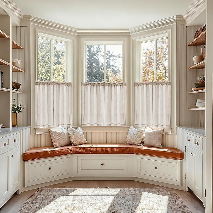 Linen Textured Bathroom Window Curtains 36 Inch Length Short Kitchen Curtain Semi Sheer Farmhouse Boho Curtains 2 Panels Tan Beige Light Coffee for Cafe Bedroom Rod Pocket Drapes W30xL36