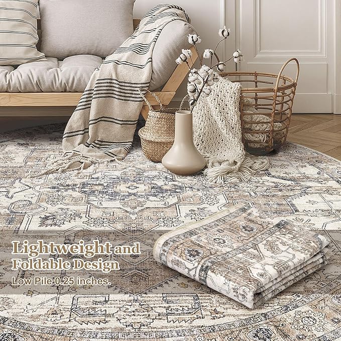 8x8 Round Area Rugs Washable Vintage - Soft Traditional Rugs for Living Room Large Non Slip Backing with Low Pile Farmhouse Oriental Retro Carpet for Bedroom Dining Room or Home Office - Tea Brown
