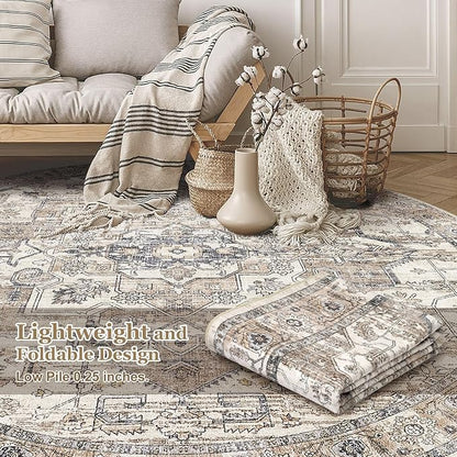 8x8 Round Area Rugs Washable Vintage - Soft Traditional Rugs for Living Room Large Non Slip Backing with Low Pile Farmhouse Oriental Retro Carpet for Bedroom Dining Room or Home Office - Tea Brown