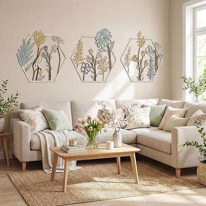 Peryiter 3 Pcs Metal Flower Wall Decor Minimalist Floral Wall Hanging Decor Metal Flower Rustic Floral Art for Spring Living Room Bathroom Kitchen Indoor Outdoor(Beige Gold)