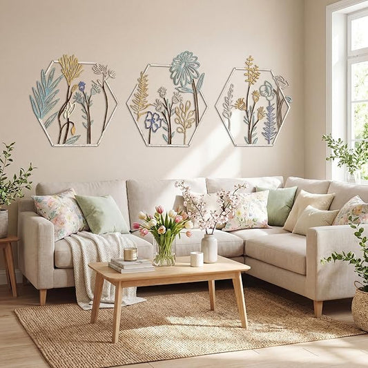 Peryiter 3 Pcs Metal Flower Wall Decor Minimalist Floral Wall Hanging Decor Metal Flower Rustic Floral Art for Spring Living Room Bathroom Kitchen Indoor Outdoor(Beige Gold)