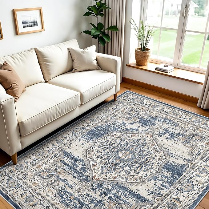 Washable Area Rugs 5x6 Entryway: Soft Ultra Thin Low Pile Mat Machine Washable Indoor Doormat Lightweight Entry Rug Anti Slip Backing Rugs for Living Room Bedroom Kitchen 5'x6' Blue
