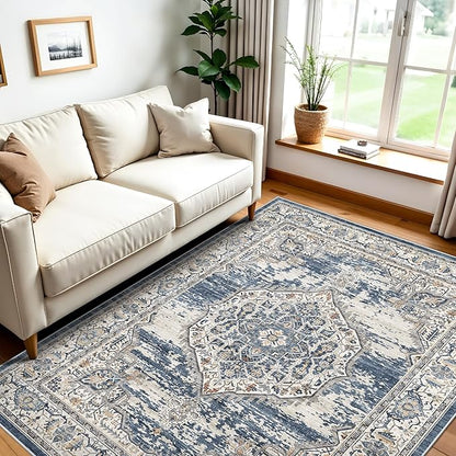 Washable Area Rugs 5x6 Entryway: Soft Ultra Thin Low Pile Mat Machine Washable Indoor Doormat Lightweight Entry Rug Anti Slip Backing Rugs for Living Room Bedroom Kitchen 5'x6' Blue