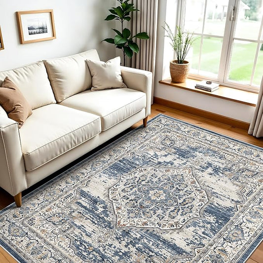 Washable Area Rugs 5x6 Entryway: Soft Ultra Thin Low Pile Mat Machine Washable Indoor Doormat Lightweight Entry Rug Anti Slip Backing Rugs for Living Room Bedroom Kitchen 5'x6' Blue