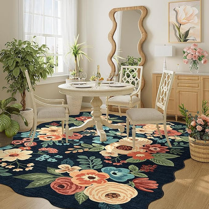 DUKINO 4x6 Area Rug, Floral Non-Slip Indoor Washable Rug with Low Pile & Non-Shedding, Lightwight Boho Design Carpet for Entryway, Bedroom, Kids Room, Living Room, Kitchen, Navy Blue