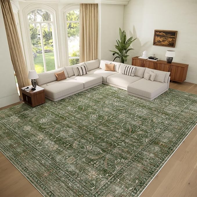 Washable 9x12 Area Rugs for Living Room, Boho Non-Slip Vintage Distress Lager Rugs for Bedroom Dining Room Nursery Office, 0.3" Neutral Oriental Throw Thin Carpet, Grass Green/Multi, D1