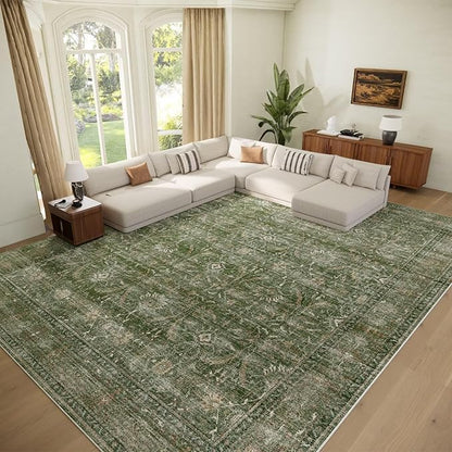Washable 9x12 Area Rugs for Living Room, Boho Non-Slip Vintage Distress Lager Rugs for Bedroom Dining Room Nursery Office, 0.3" Neutral Oriental Throw Thin Carpet, Grass Green/Multi, D1