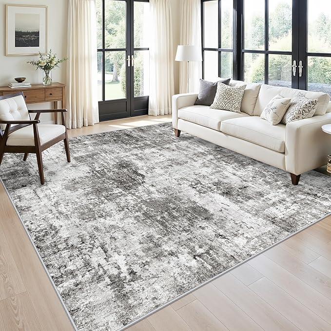 8x8 Square Area Rug Living Room – Non-Slip Washable Large Floor Carpet for Bedroom Dining Room Playroom Room – Modern Abstract Neutral Thin Low-Pile Big Indoor Rug (Grey)