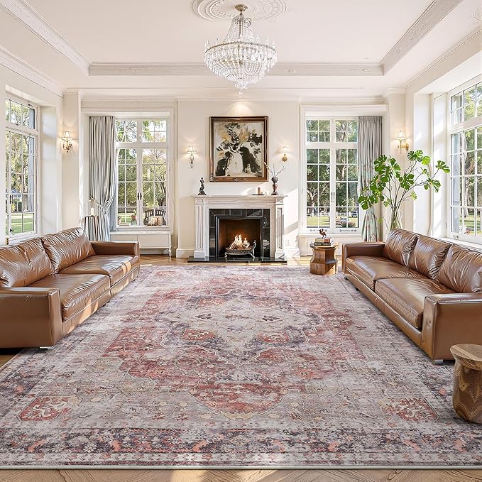 YOH Boho Washable Rug 9x12, Rust Red Vintage Non Slip Area Rug, Distressed Indoor Carpet for Living Room Bedroom Kitchen Office