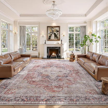YOH Boho Washable Rug 9x12, Rust Red Vintage Non Slip Area Rug, Distressed Indoor Carpet for Living Room Bedroom Kitchen Office