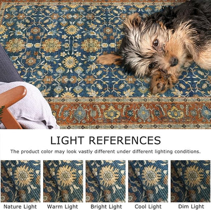 KUTA Vintage 2x3 Rugs for Entryway, Non-Slip Washable Kitchen Rugs & Indoor Door Mat with Floral Print, Blue Terracotta Ultra Thin Soft Low-Pile Throw Rug for Front Door, Bedside, Small Spaces