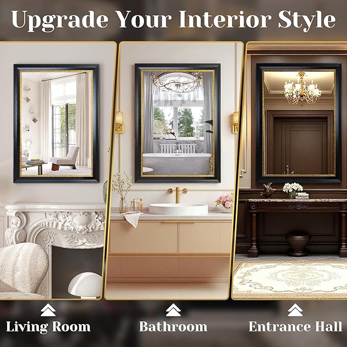 ROLOVE 23x34 Inch Antique Black and Gold Mirror for Wall, Ornate Baroque Decorative Mirror, Rectangle Vintage Wall Mirror for Fireplace & Entryway, Bathroom, Shatterproof Glass, Waterproof Frame