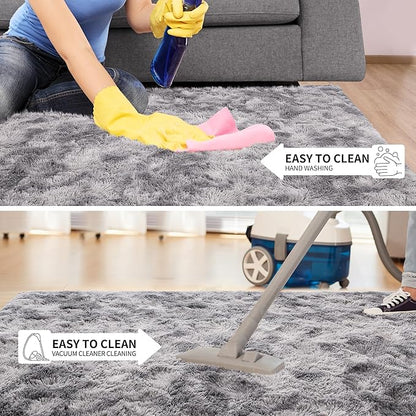 Tepook Fluffy Large Rugs for Living Room, 8x10 Area Rugs for Bedroom, Modern Shag Fuzzy Carpets for Kids Boys Girls, Plush Indoor Nursery Home Decor Rug with Non-Slip Bottom, Tie-dye Light Grey