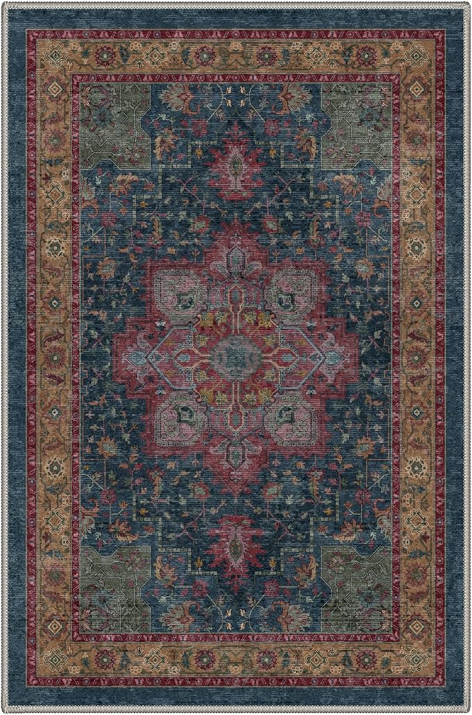 GENIMO 2x6 Runner Rugs for Hallway, Machine Washable Non Slip Vintage Rugs, Low Pile Lightweight Soft Print Carpet for enrtyway, Corridor, Home Office, Kitchen, Teal Burgundy