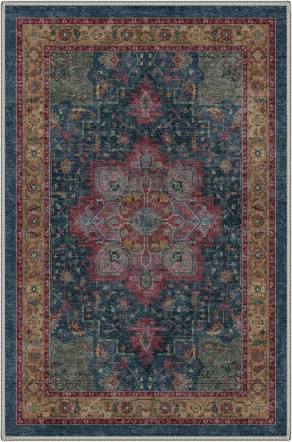 GENIMO 2x6 Runner Rugs for Hallway, Machine Washable Non Slip Vintage Rugs, Low Pile Lightweight Soft Print Carpet for enrtyway, Corridor, Home Office, Kitchen, Teal Burgundy