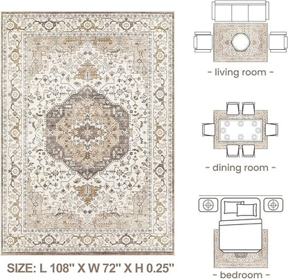 Area Rug for Living Room - 6x9 Soft Washable Oriental Vintage Floral Distressed Large Carpet - Fade Stain Resistant Non Slip Rugs for Bedroom Dining Room Nursery Dorm Office Home Decor-Camel/Beige