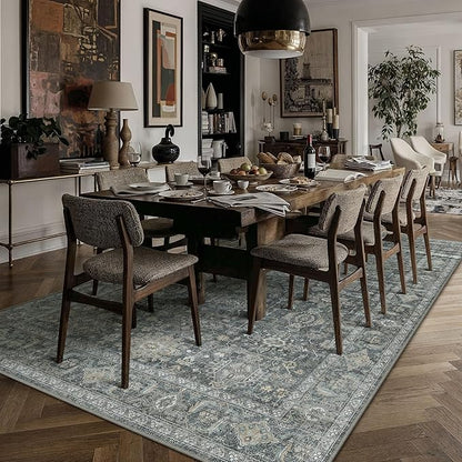 9x12 Washable Area Rug for Living Room Bedroom Vintage Black Grey Non Slip Carpet Traditional Retro Soft Low Pile Large Throw Rug for Dining Room Kitchen Office Indoor