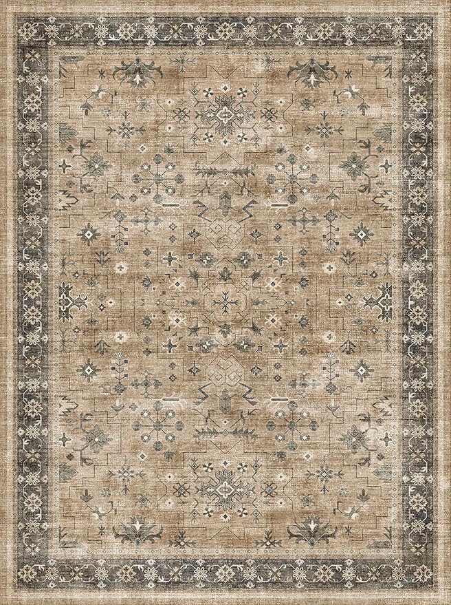 Hazo Haus Traditional Washable 3x4 Entry Rug, Mudroom Indoor Entrance Door Mat, Non-Slip Kitchen Floor Rug with Rubber Backing, Stain and Fade Resistant, Earthy Taupe & Sage Floral Design