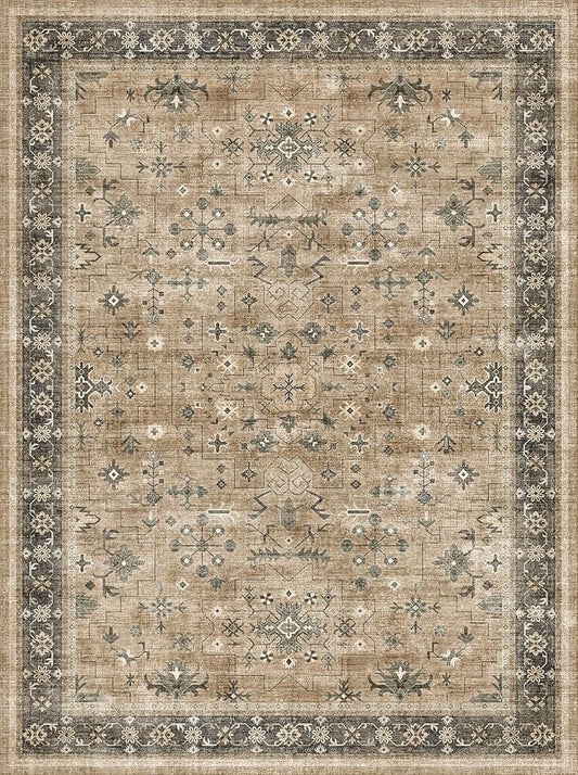 Hazo Haus Traditional Washable 3x4 Entry Rug, Mudroom Indoor Entrance Door Mat, Non-Slip Kitchen Floor Rug with Rubber Backing, Stain and Fade Resistant, Earthy Taupe & Sage Floral Design