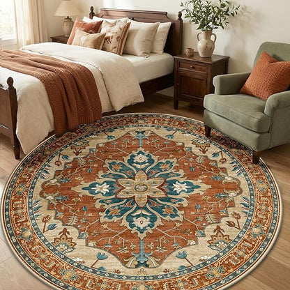 RELEANY Area Rugs Round 6ft Washable Non-Slip, Floral Vintage Distress Print Pattern Medallion Carpet for Living Room Bedroom Dining Room, Red Orange Blue Brown