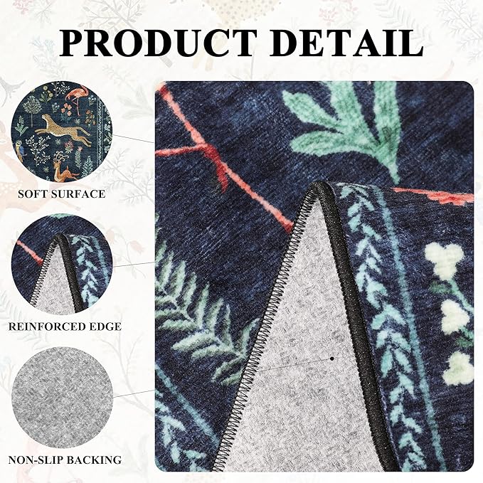 DUKINO 2x12 Washable Runner Rug, Ultra Soft Vintage Animal Runner Rug for Hallway, Lightweight Non Slip & Non Shedding Loog Carpet for Kitchen, Laundry Room, Bathroom, Bedroom, Entrance, Navy Blue