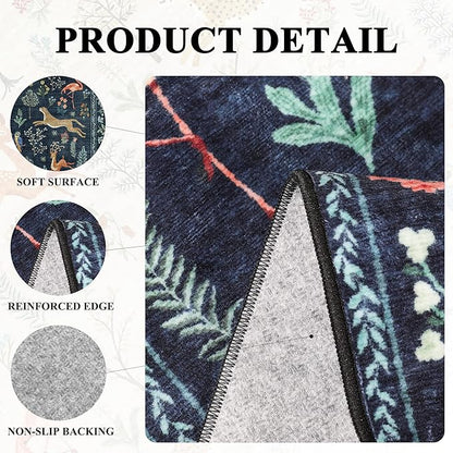 DUKINO 2x12 Washable Runner Rug, Ultra Soft Vintage Animal Runner Rug for Hallway, Lightweight Non Slip & Non Shedding Loog Carpet for Kitchen, Laundry Room, Bathroom, Bedroom, Entrance, Navy Blue