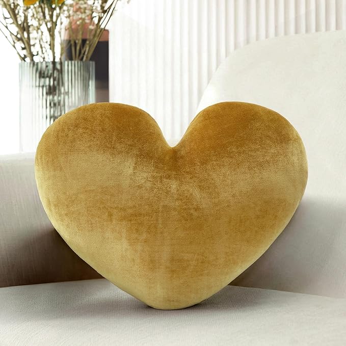 16 Inch Gold Heart Pillow Decorative Throw Pillows, Heart Shaped Soft Fluffy Cute Pillows Cushions for Valentines Wedding Couch Chair Bed Bedroom Room Home Decor Aesthetic (1, Gold, Medium-16"x13")